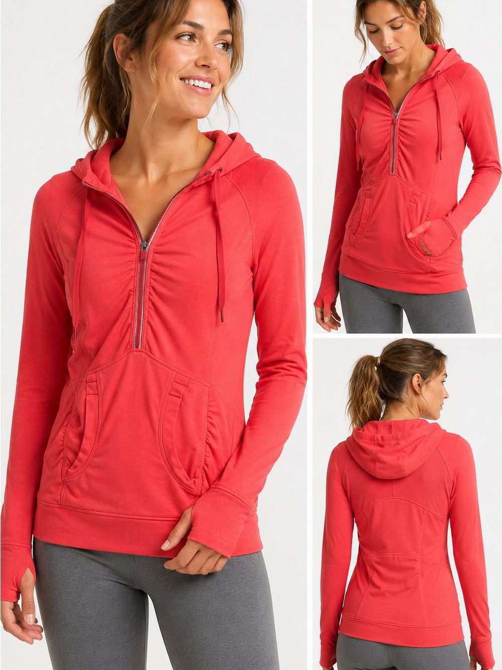 Athleta Heavenly Hail Hoodie Coral Ruched Half Zip Thumbhole Sweatshirt Small